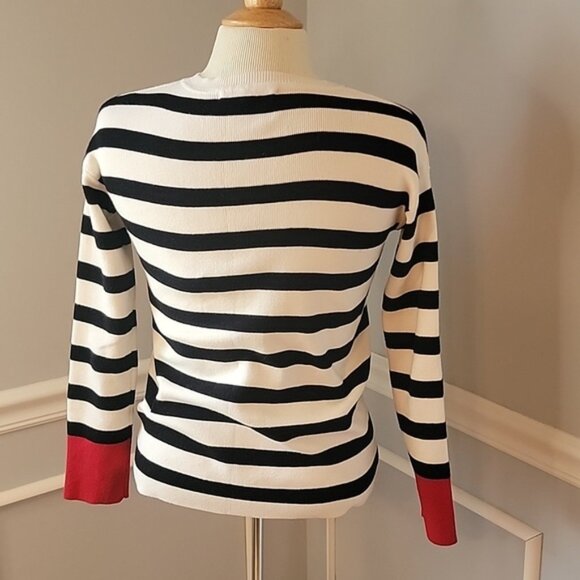 MESH + LACE Black Cream Striped Contrast Red Cuff Crewneck Knit Boho Sweater XS - Picture 3 of 9